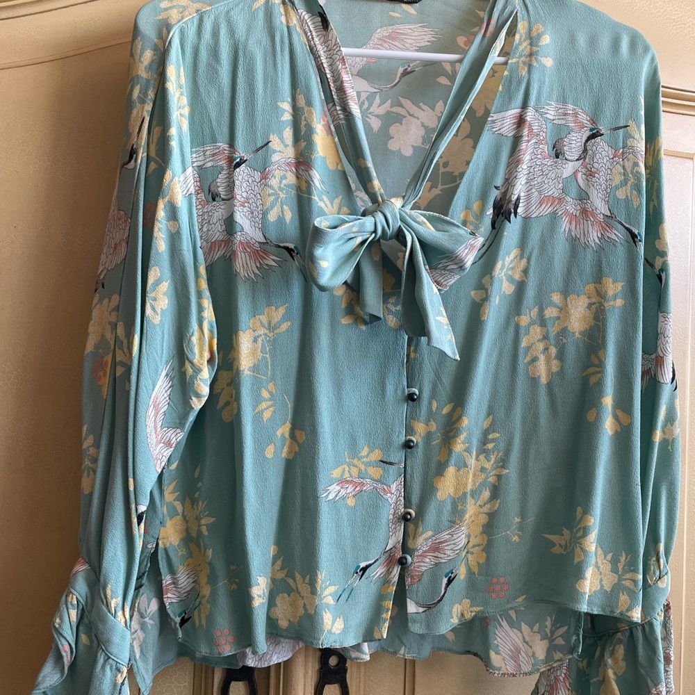 Zara mint green  Floral Blouse with Crane Design